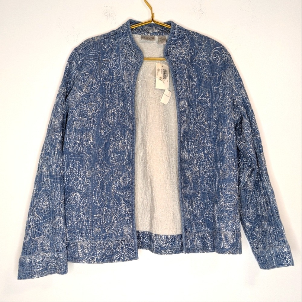 NWT Chico's Denim Jacket Embroidered Lightweight Blue Jean Jacket Size 1